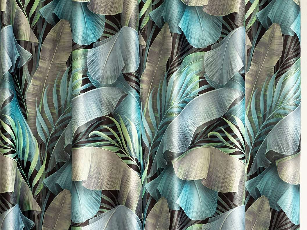 Banán levél mintás matt kékes zöld színű sötétítő függöny bársonyos tapintású